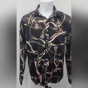 Zeroyaa Men's Luxury Printed Silk Like Satin Button Down Dress Shirt Large NWT